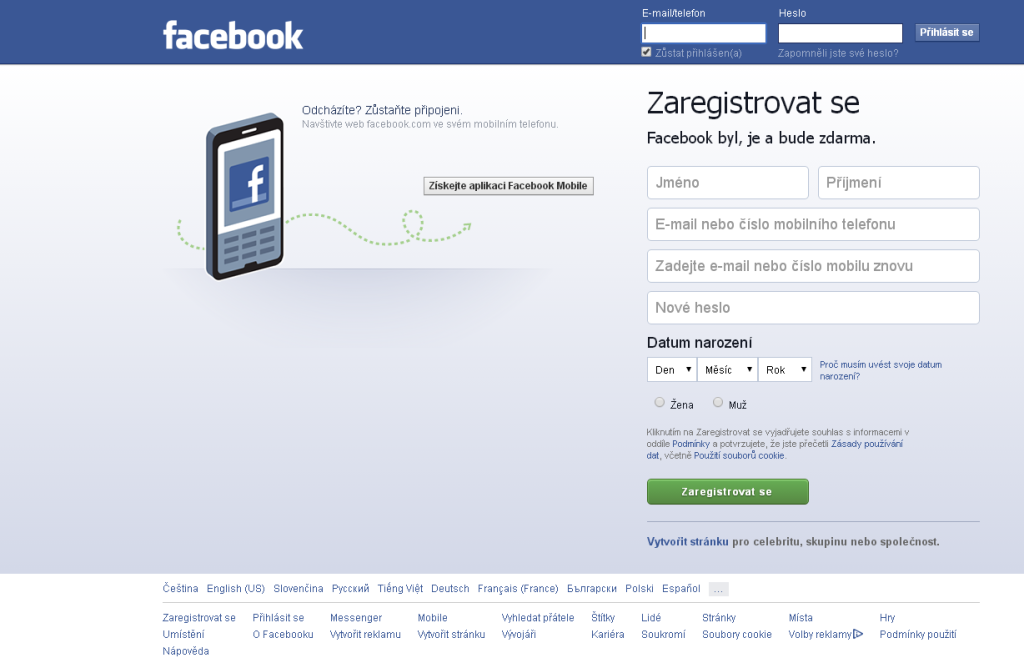 Facebook - Přihlašovací stránka